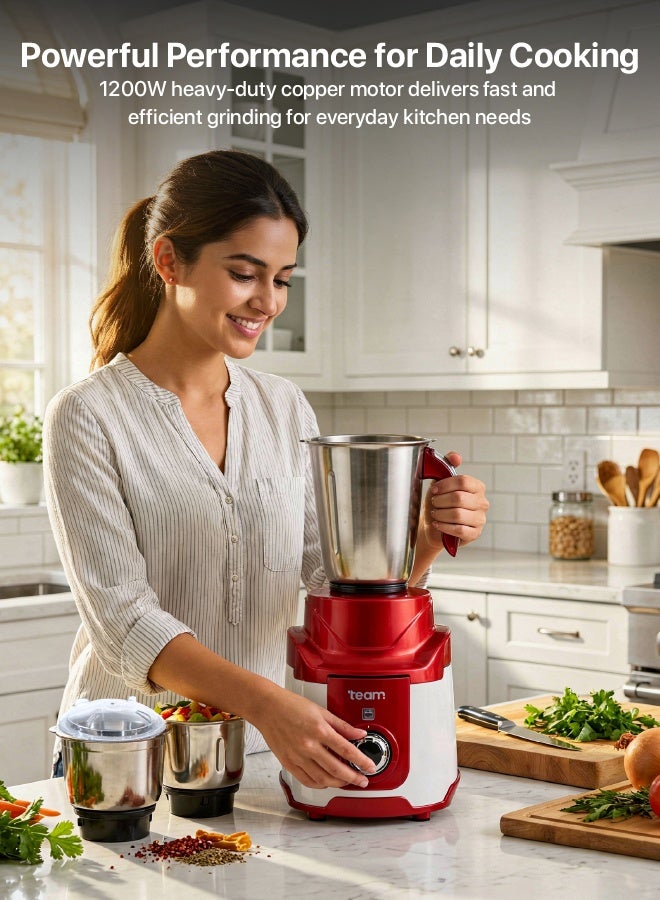 تيم TEAM 1200W Mixer Grinder with 3 Stainless Steel Jars | Heavy Duty Copper Motor | 3-Speed Control | ABS Body - Image 2